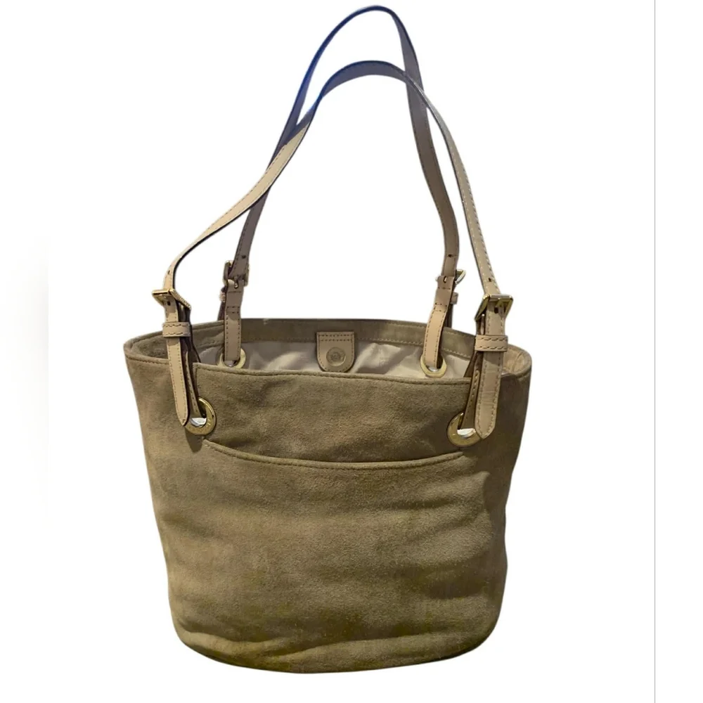 ​Michael Kors Fulton Large N/S Suede Tote‎ Bag Dark Dune Taupe Open Bucket - Picture 2 of 9